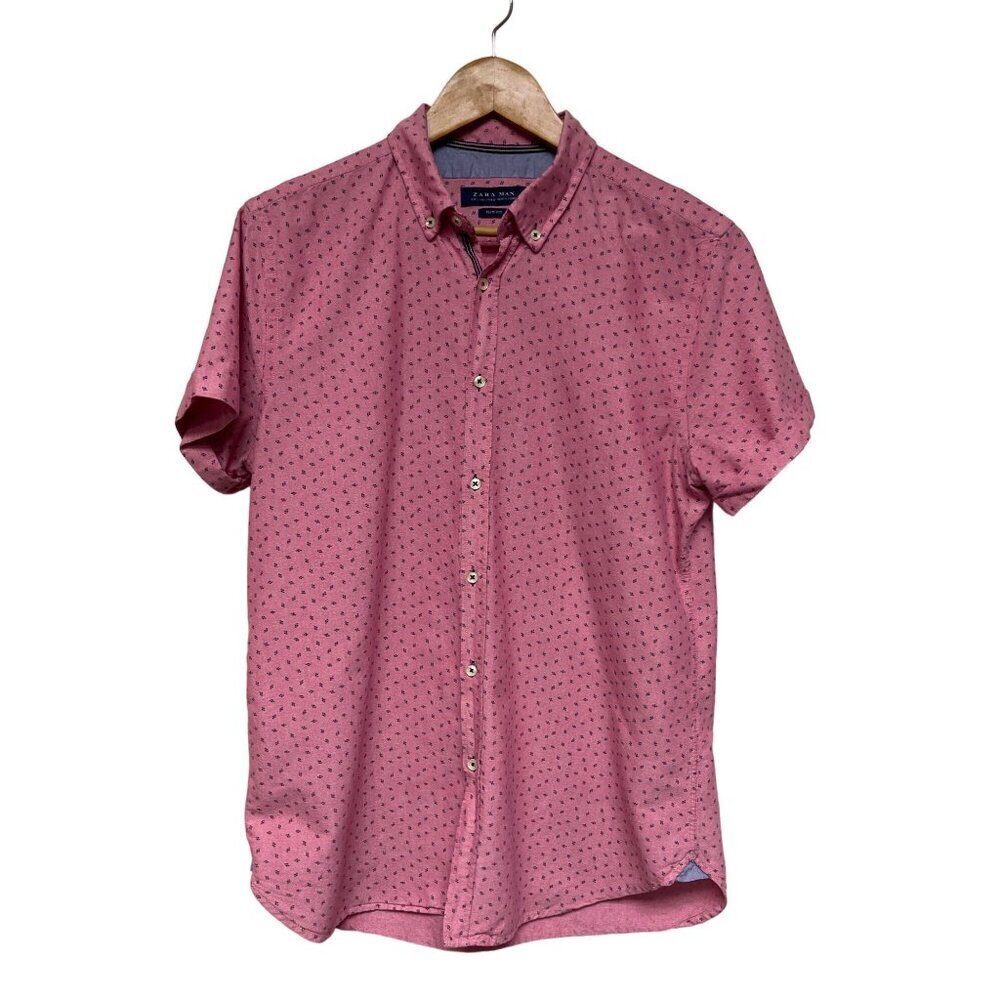 Zara Man Pink Slim Fit Collared Button Front Short Sleeve Shirt Men's Large